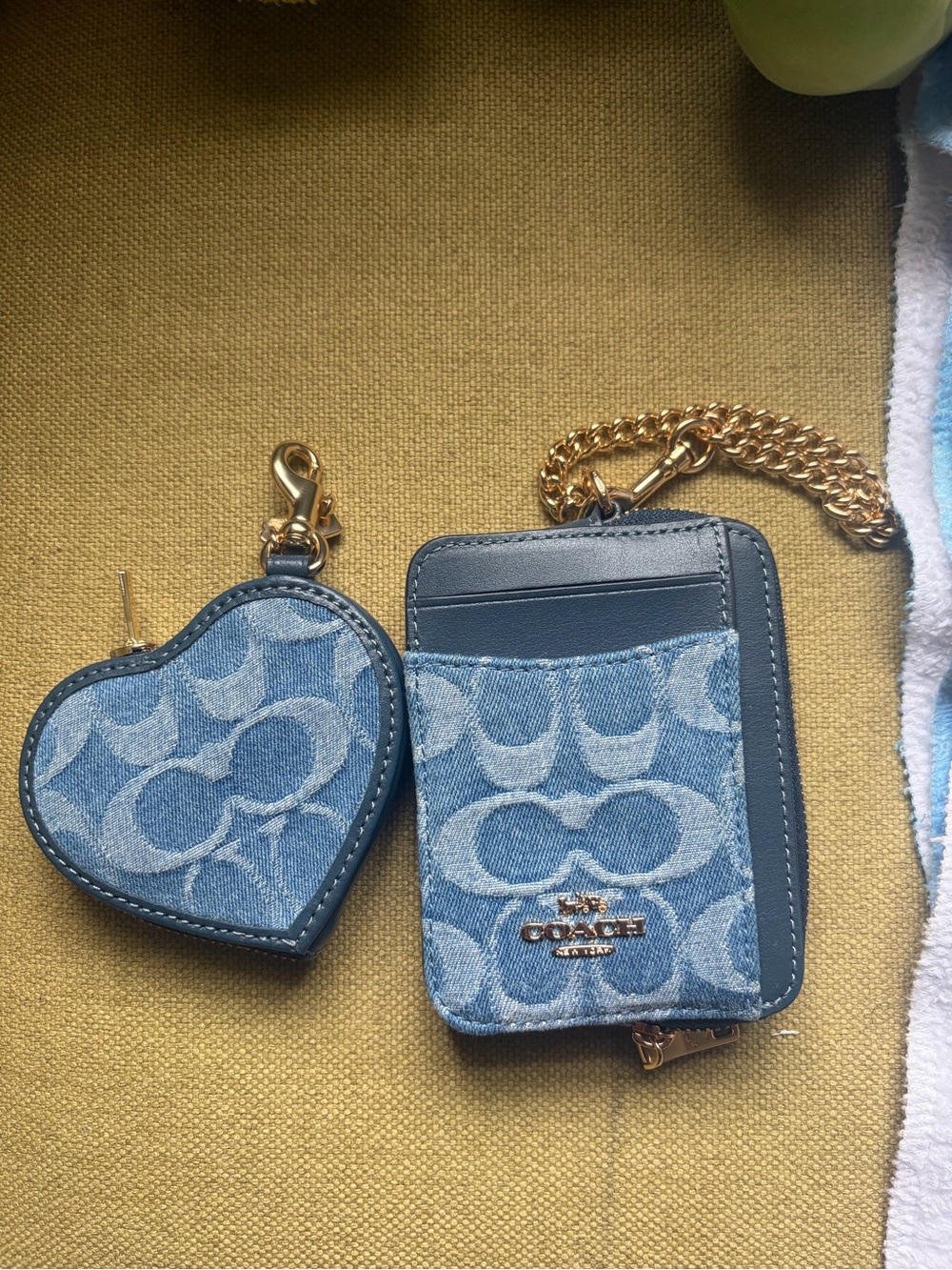 Coach Denim Signature Heart Keychain and Card Holder Set - Blue